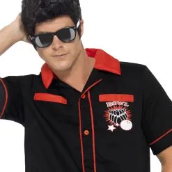 Overig Jaren 50 Bowling Shirt Zwart-Rood -Kostuum Winkel jaren 50 bowling shirt zwart rood close up voorkant