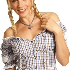 Overig Tiroler Dames Blouse Carmen Blauw-Bruin-Wit